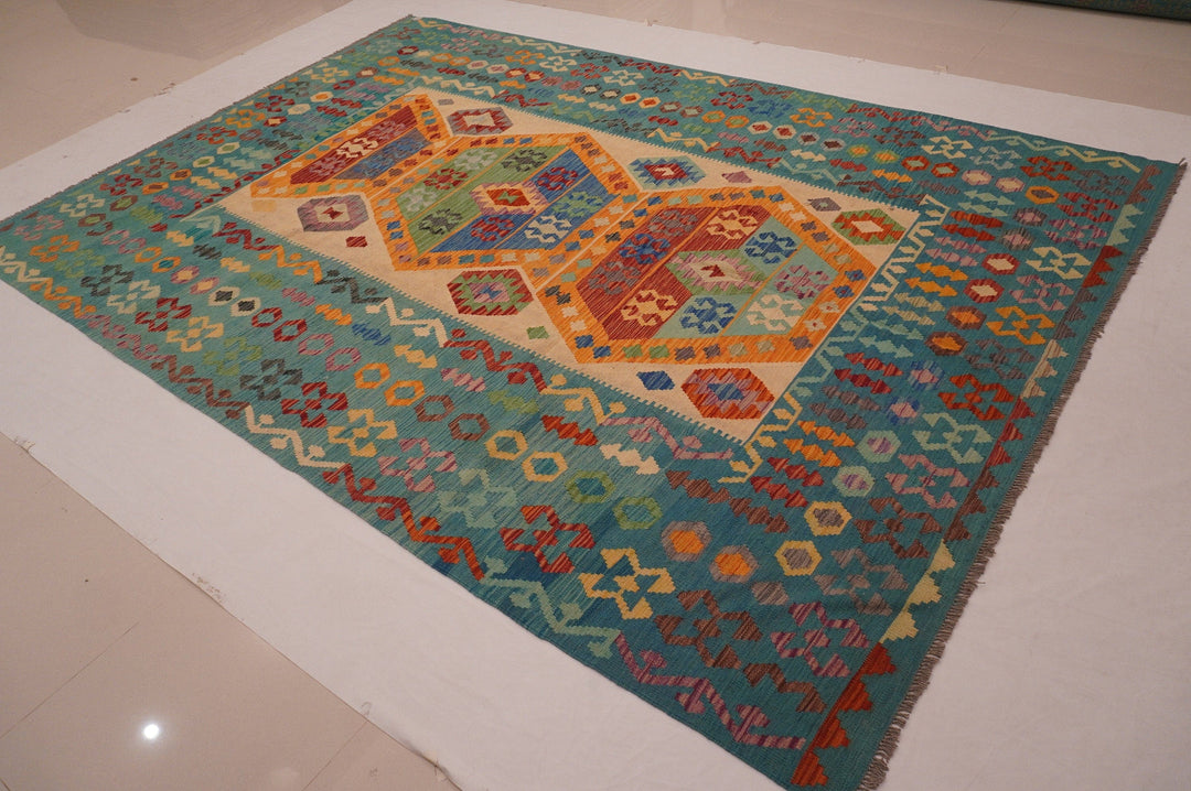 8x12 Afghan Beige Pastel Blue Handmade Kilim Wool rug - Yildiz Rugs