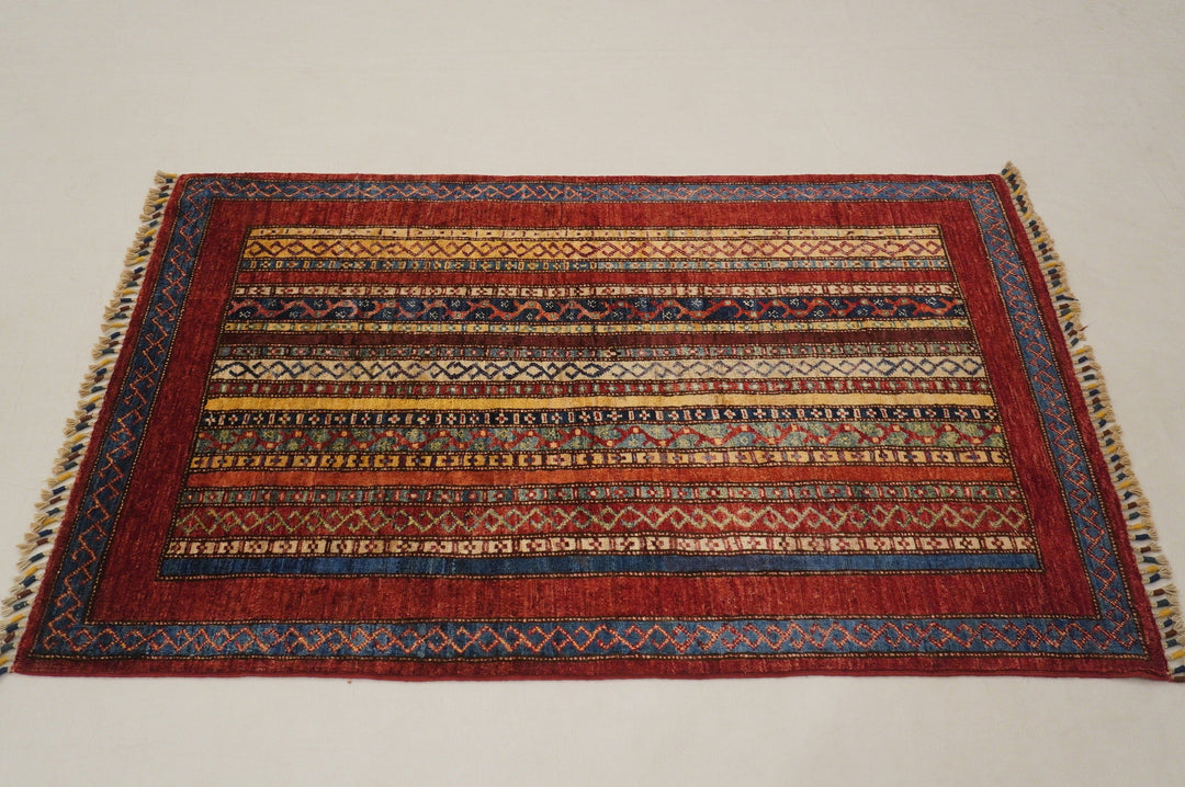 Red 3x5 Turkish Shawl Pattern Natural Dye Hand Knotted Wool Striped Rug - Yildiz Rugs