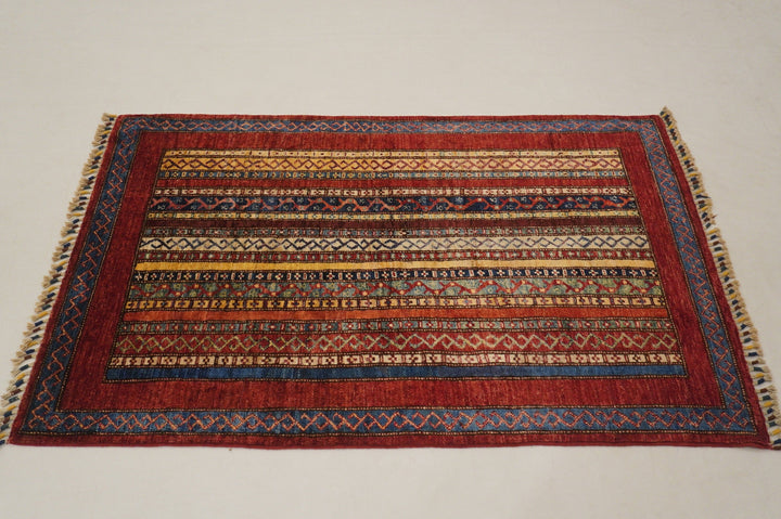 Red 3x5 Turkish Shawl Pattern Natural Dye Hand Knotted Wool Striped Rug - Yildiz Rugs