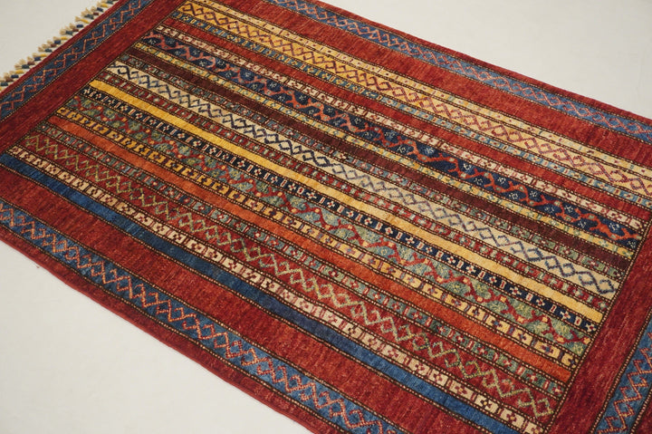 Red 3x5 Turkish Shawl Pattern Natural Dye Hand Knotted Wool Striped Rug - Yildiz Rugs