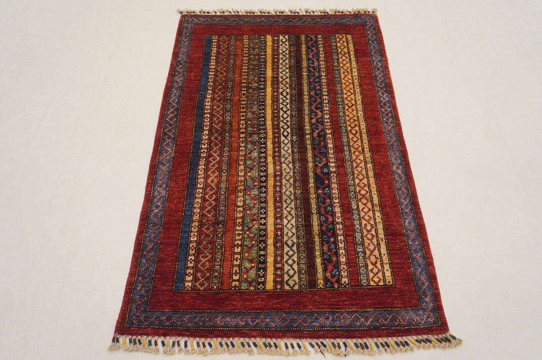 Red 3x5 Turkish Shawl Pattern Natural Dye Hand Knotted Wool Striped Rug - Yildiz Rugs