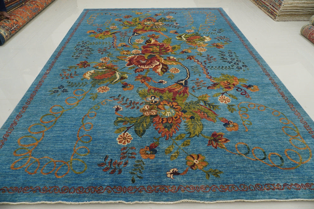 10x14 Floral Karabagh Bright Blue Afghan Hand Knotted Veg dye wool Rug - Yildiz Rugs