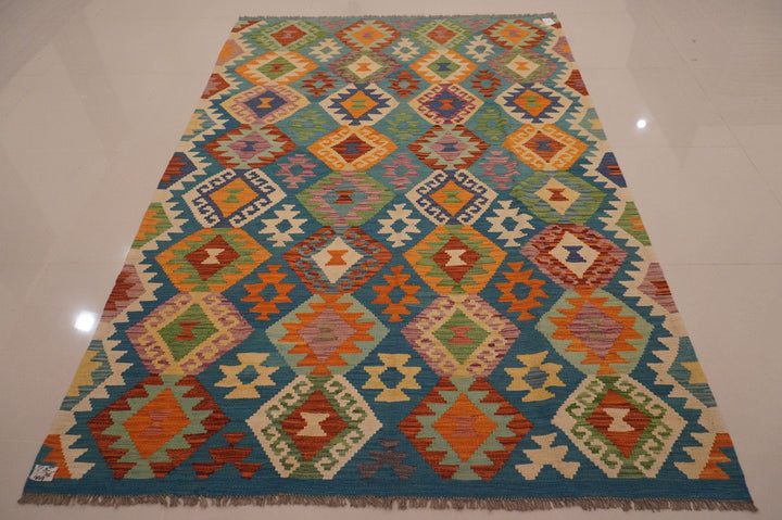 Blue 6x8 Kilim Afghan Handmade Geometric Veg dyes wool Kilim - Yildiz Rugs