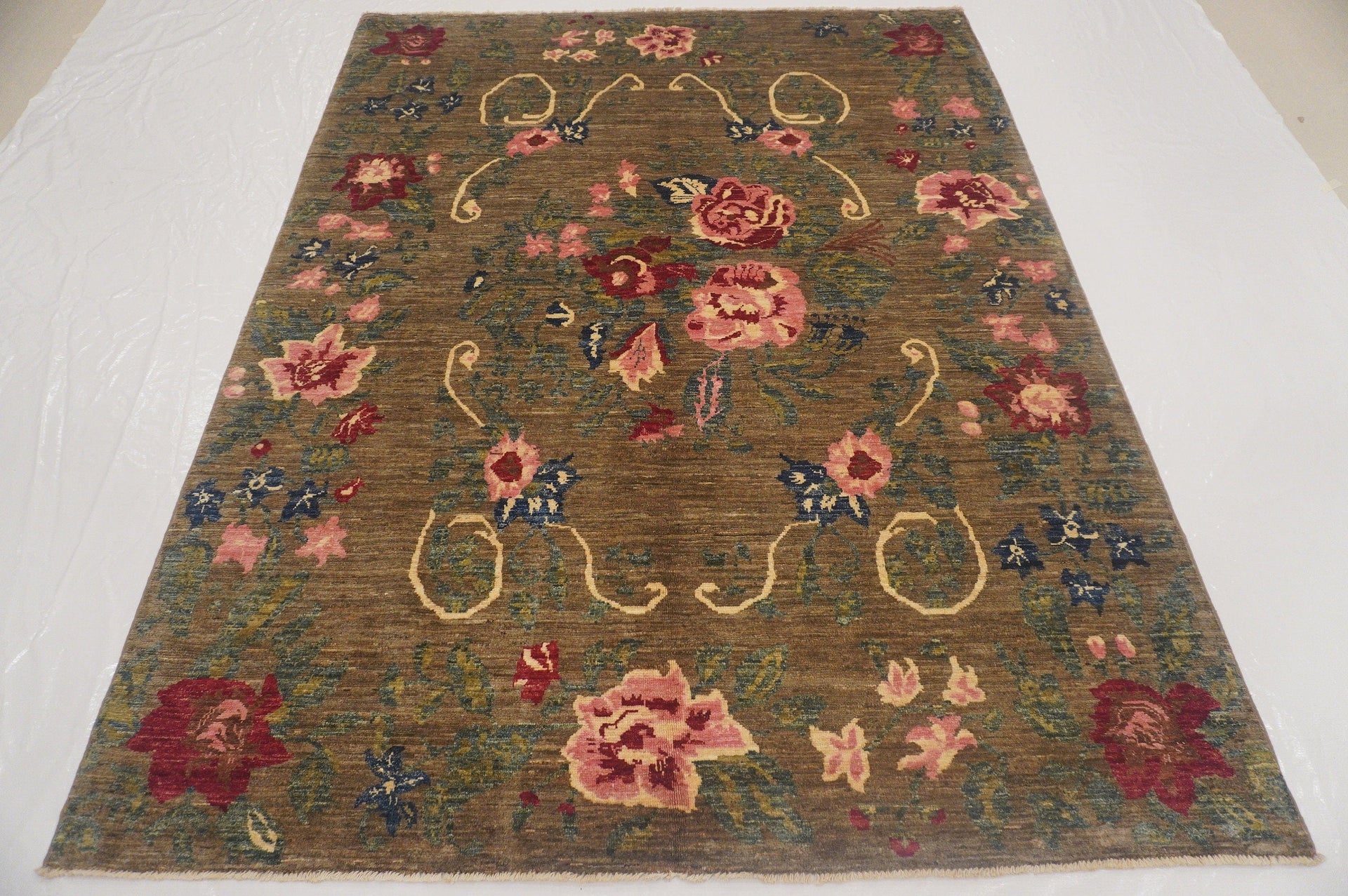 6x8 Floral Karabagh Brown Gray Afghan Hand Knotted Wool Rug - Yildiz Rugs