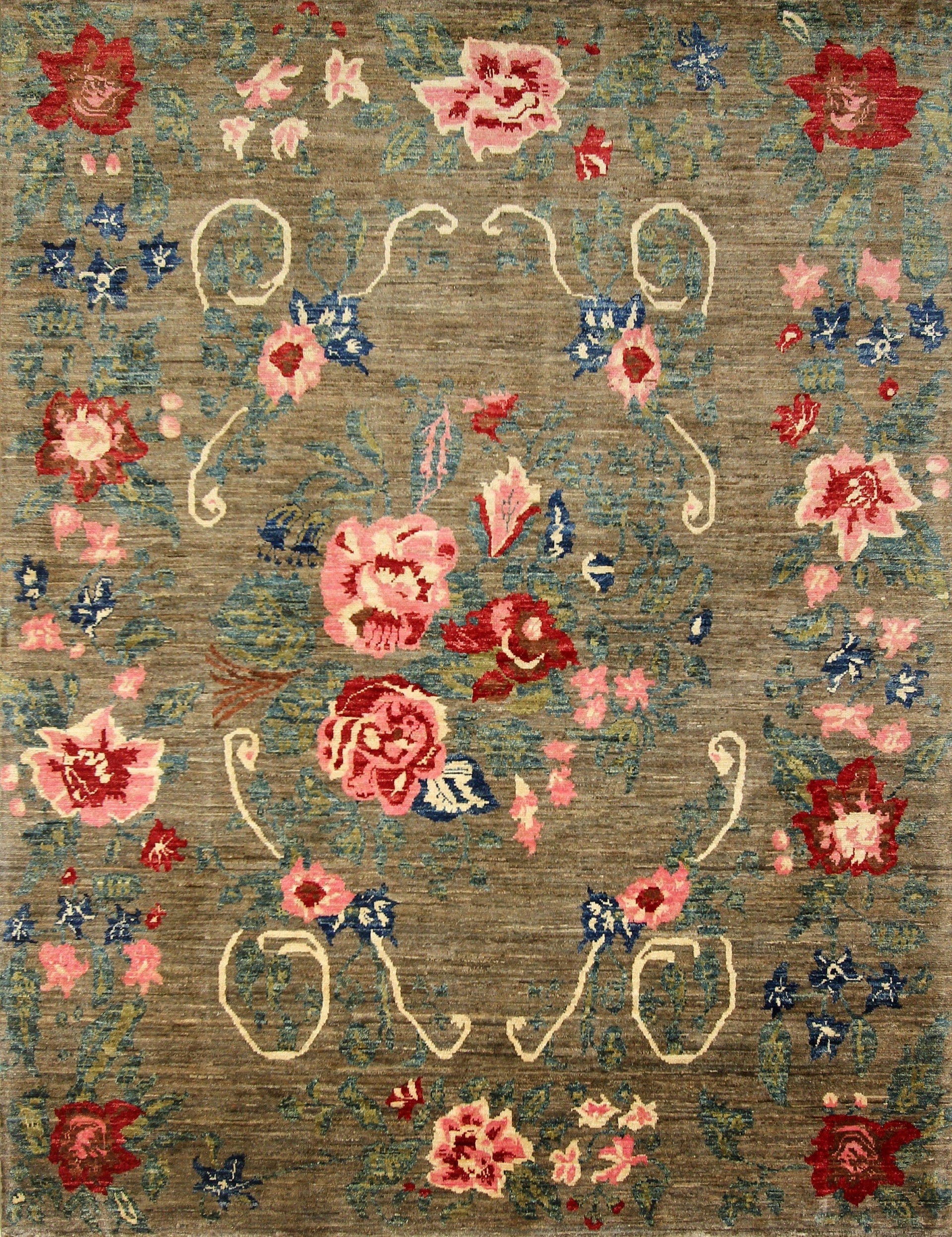 6x8 Floral Karabagh Brown Gray Afghan Hand Knotted Wool Rug - Yildiz Rugs