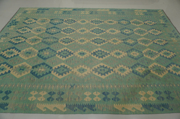 8x11 Afghan Muted Pastel Blue Handmade Geometric Wool Kilim rug - Yildiz Rugs