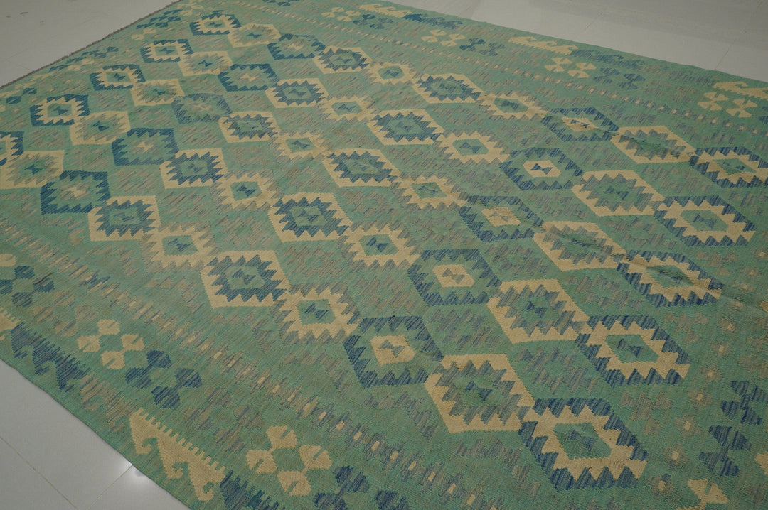 8x11 Afghan Muted Pastel Blue Handmade Geometric Wool Kilim rug - Yildiz Rugs