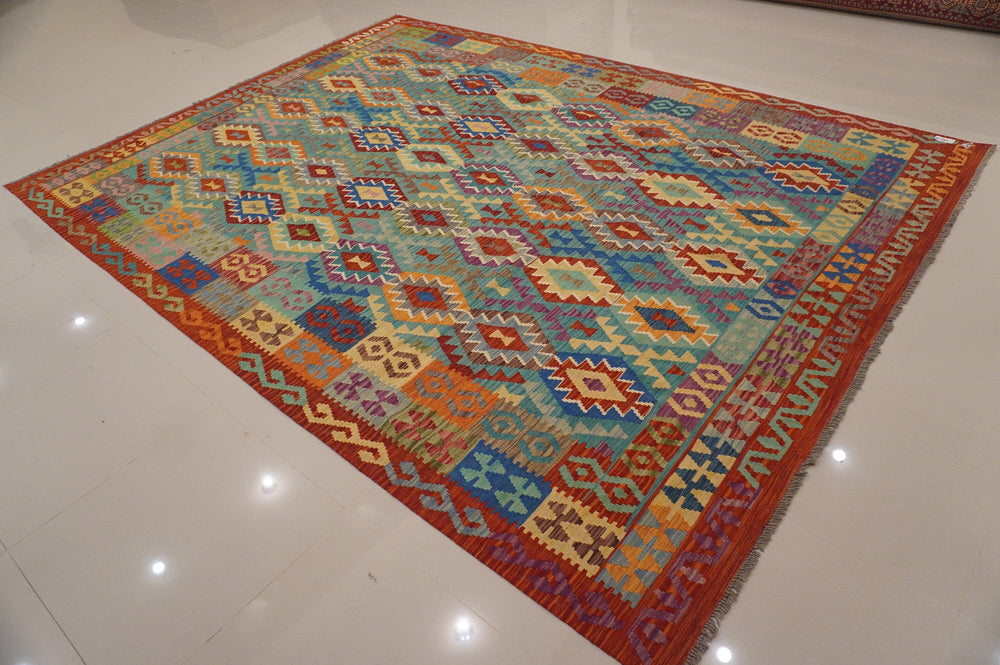 9x12 Afghan Blue Rusty red Handmade Geometric Wool rug - Yildiz Rugs