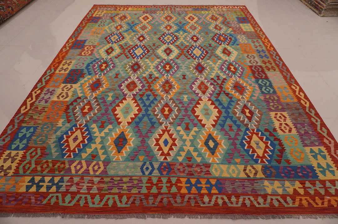 9x12 Afghan Blue Rusty red Handmade Geometric Wool rug - Yildiz Rugs