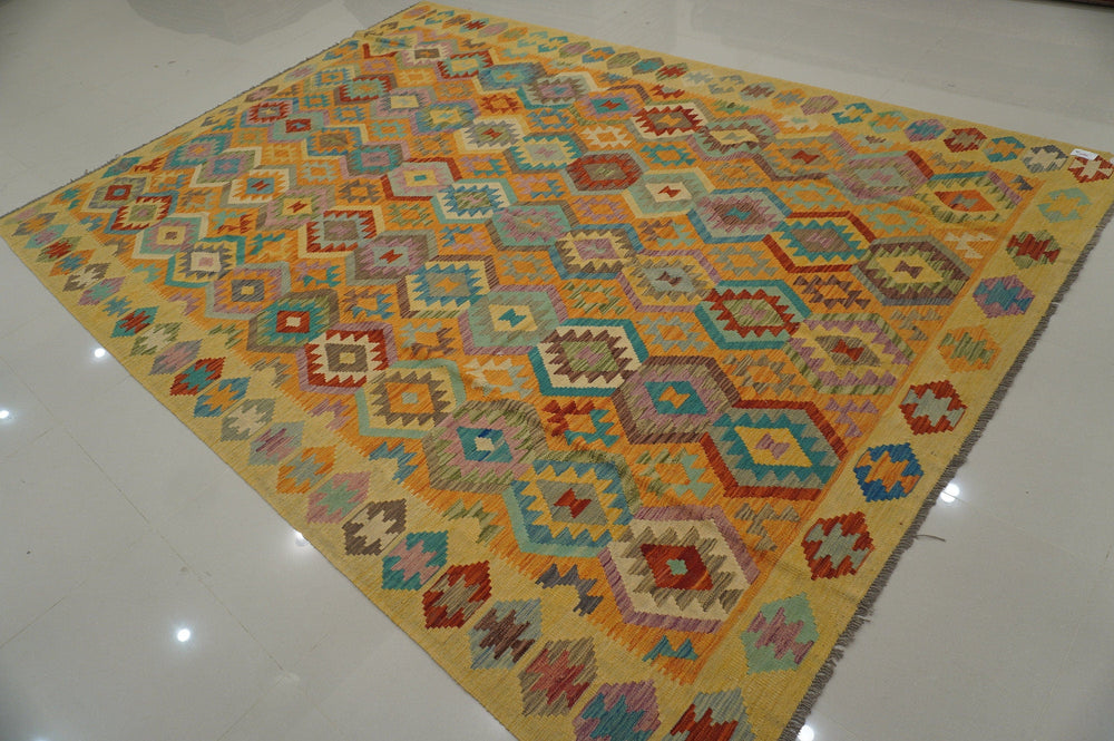 9x12 Afghan Orange Beige Handmade Geometric Wool Kilim rug - Yildiz Rugs