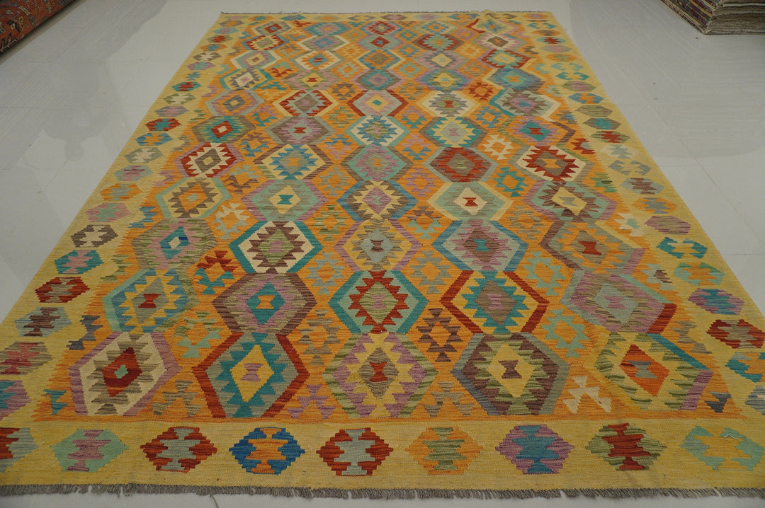 9x12 Afghan Orange Beige Handmade Geometric Wool Kilim rug - Yildiz Rugs