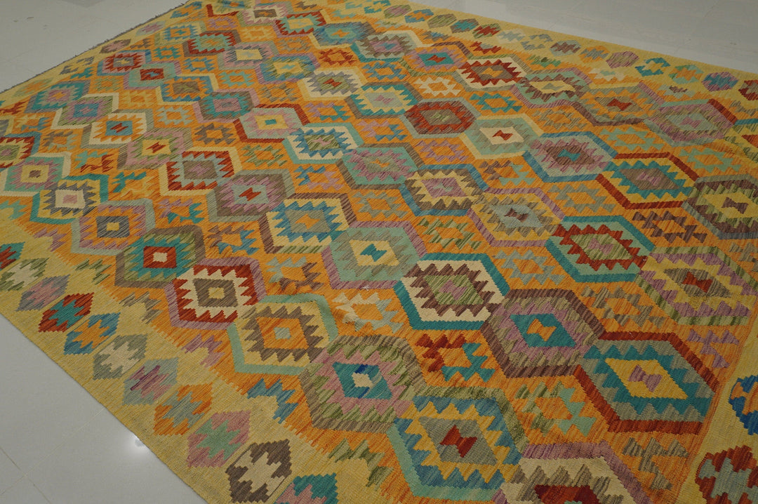 9x12 Afghan Orange Beige Handmade Geometric Wool Kilim rug - Yildiz Rugs