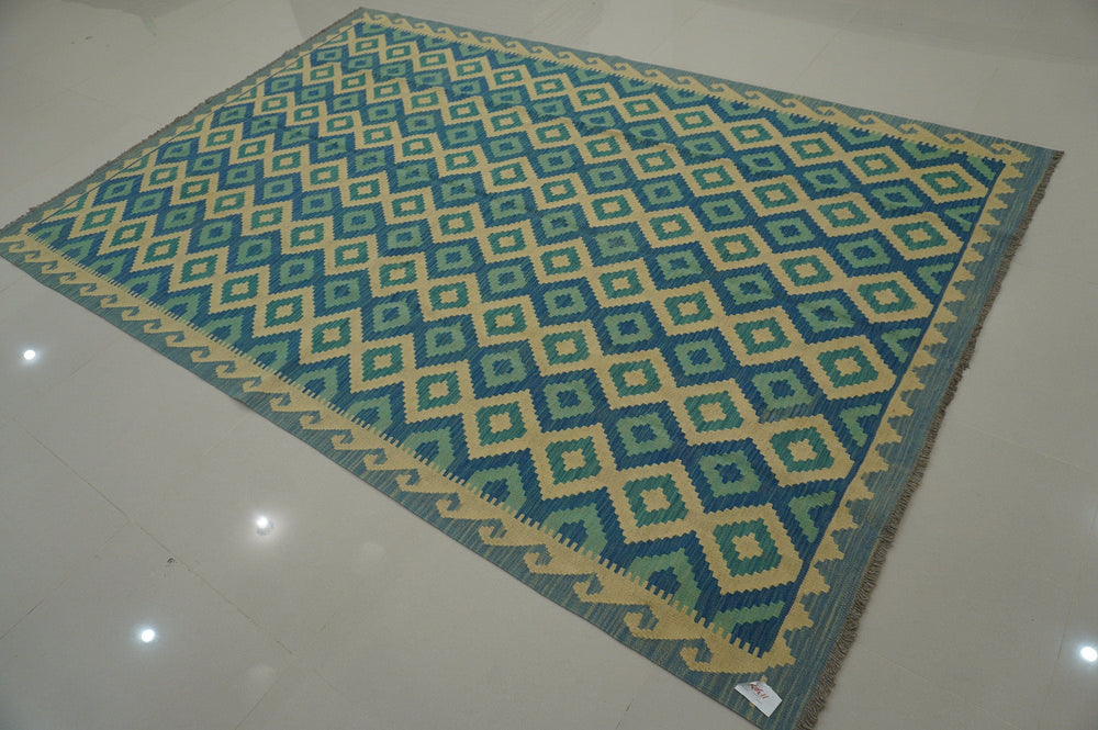 7x10 Afghan Kilim Turquoise Blue Handmade Geometric wool Rug - Yildiz Rugs