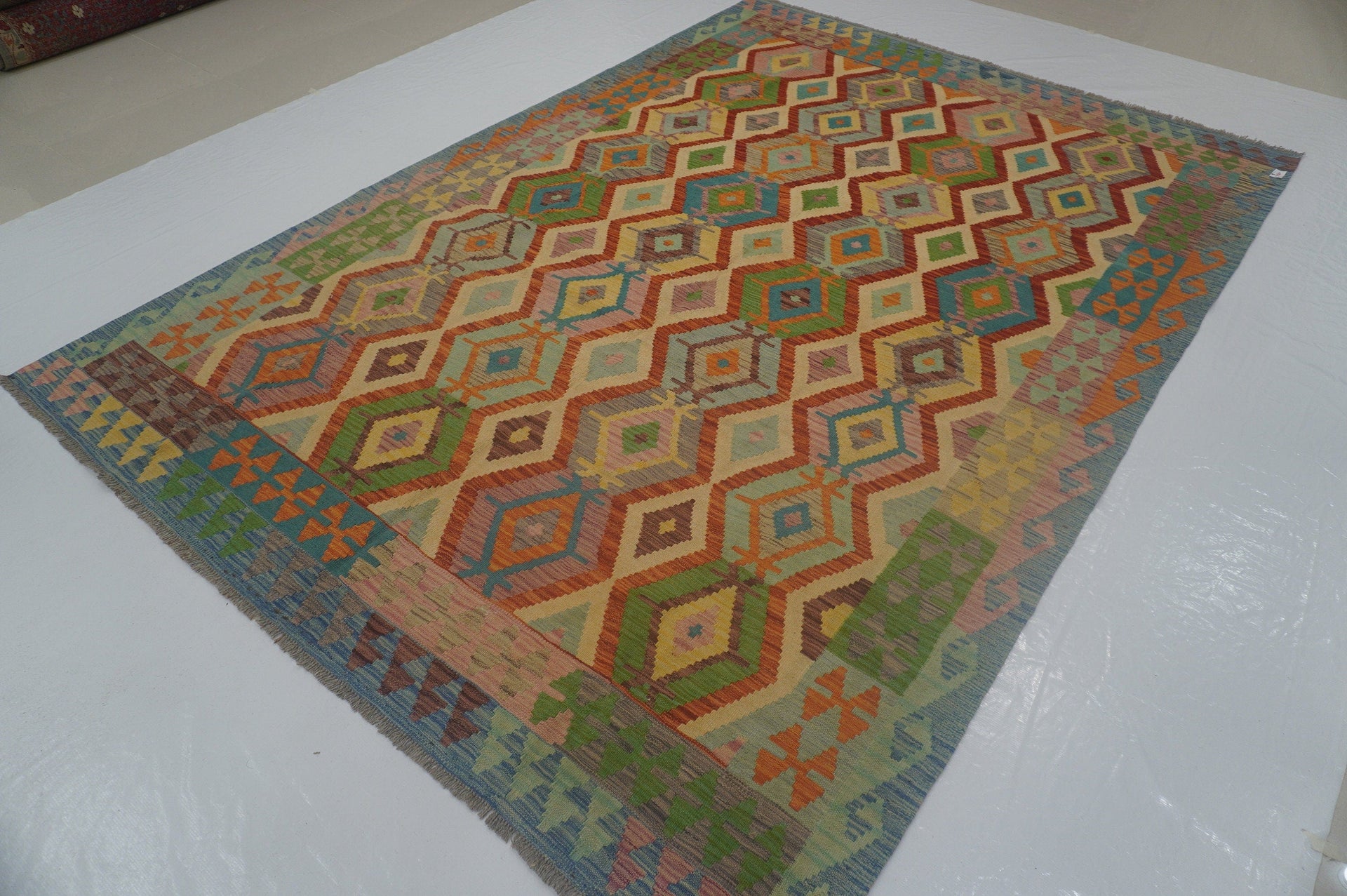 7x10 Afghan Kilim Blue Handmade Geometric wool Rug - Yildiz Rugs