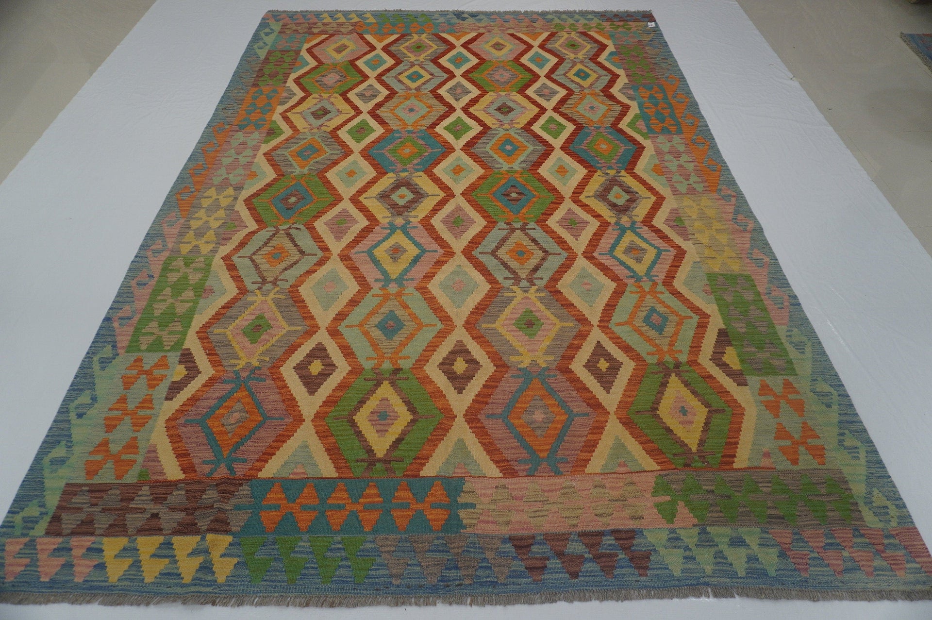 7x10 Afghan Kilim Blue Handmade Geometric wool Rug - Yildiz Rugs