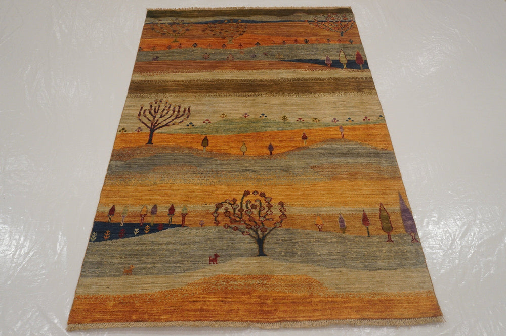 4x6 Gabbeh Gray Gold Beige Persian Hand knotted wool Landscape rug - Yildiz Rugs