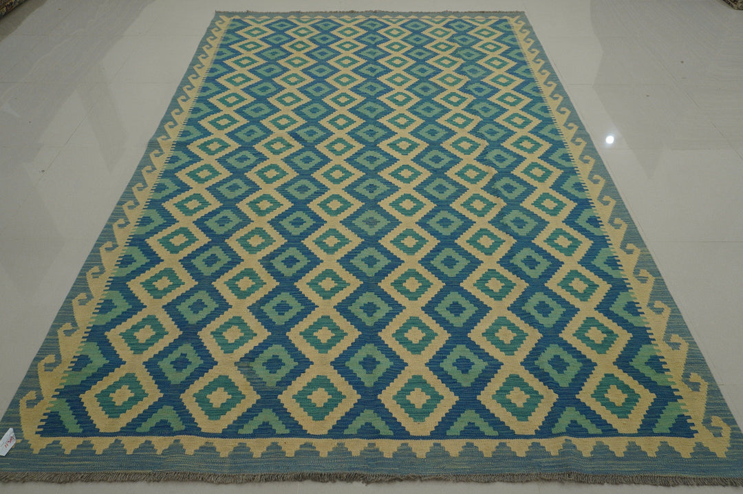 7x10 Afghan Kilim Turquoise Blue Handmade Geometric wool Rug - Yildiz Rugs