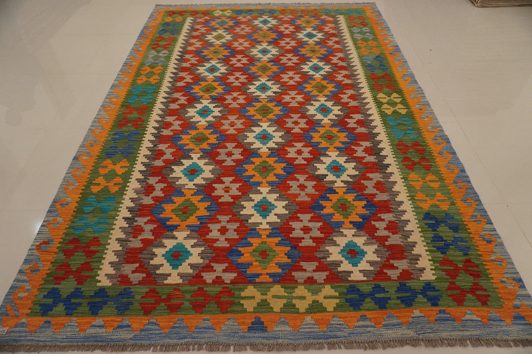 7x10 Afghan Kilim Red Green handmade Geometric wool Kilim carpet - Yildiz Rugs