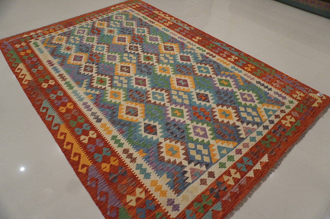 7x10 Afghan Blue Red handmade Geometric wool Kilim carpet - Yildiz Rugs
