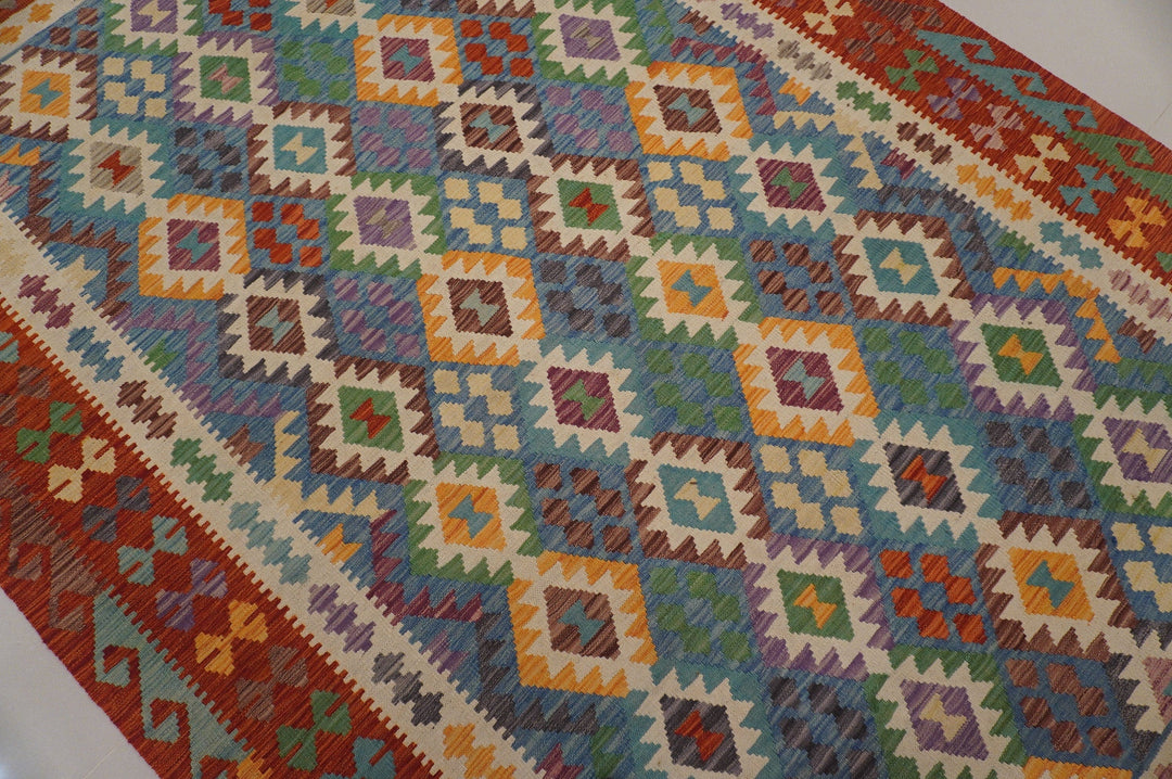 7x10 Afghan Blue Red handmade Geometric wool Kilim carpet - Yildiz Rugs