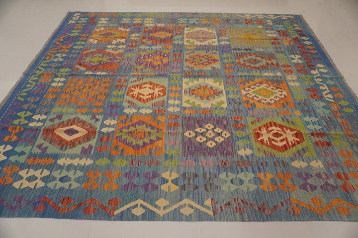 8x10 Afghan Kilim Blue Handmade Wool Rug - Yildiz Rugs