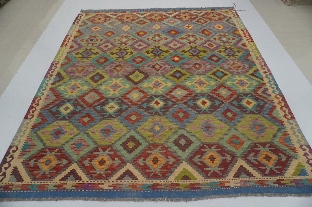 8x10 Kilim Gray Blue Afghan Handmade Geometric Kilim Boho Kilim rug - Yildiz Rugs