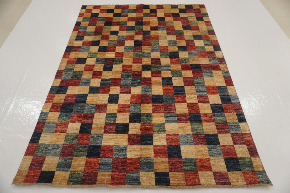 5x8 Checkered Multicolor box Gabbeh Afghan hand knotted Rug - Yildiz Rugs