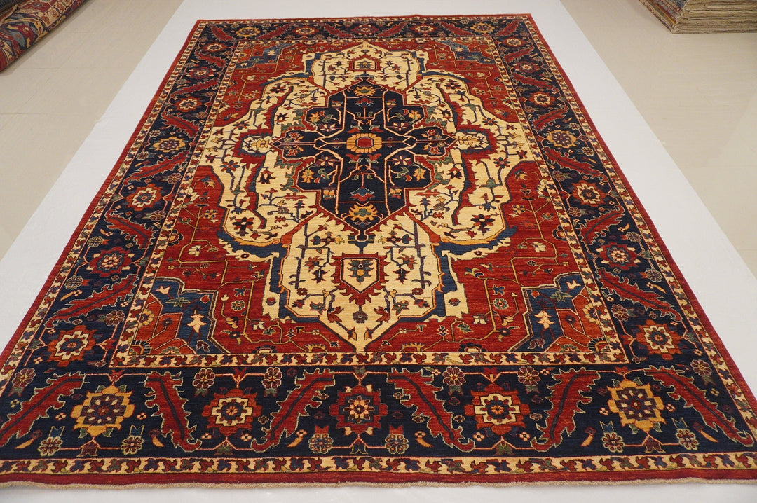 9x12 Heriz Red Beige Navy blue Persian style Hand Knotted Medallion Rug - Yildiz Rugs