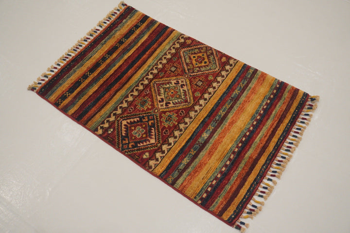 2x3 Tribal Striped Multicolor Afghan Hand knotted wool small Accent rug - Yildiz Rugs