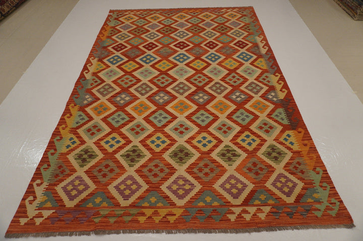 7x10 Afghan Kilim Burnt Orange handmade wool carpet - Yildiz Rugs