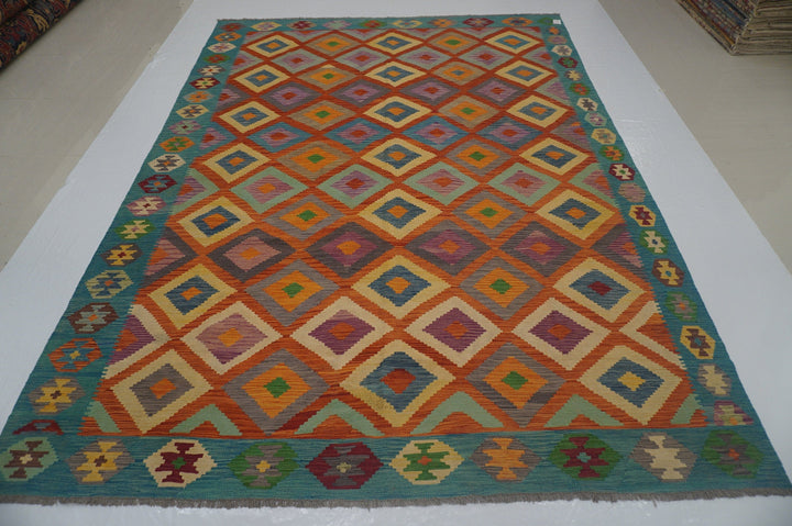 8'1 x 11'4 ft Afghan Kilim Orange Blue Handmade Rug - Yildiz Rugs