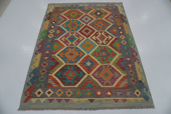 5x7 Afghan Kilim Beige Gray Blue Hand woven Rug - Yildiz Rugs