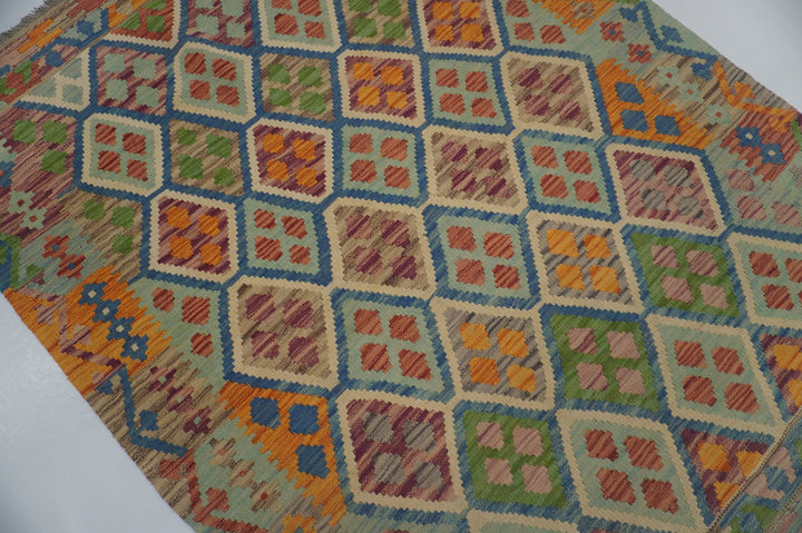 4x6 Afghan Kilim Beige Blue Handmade Wool Rug - Yildiz Rugs