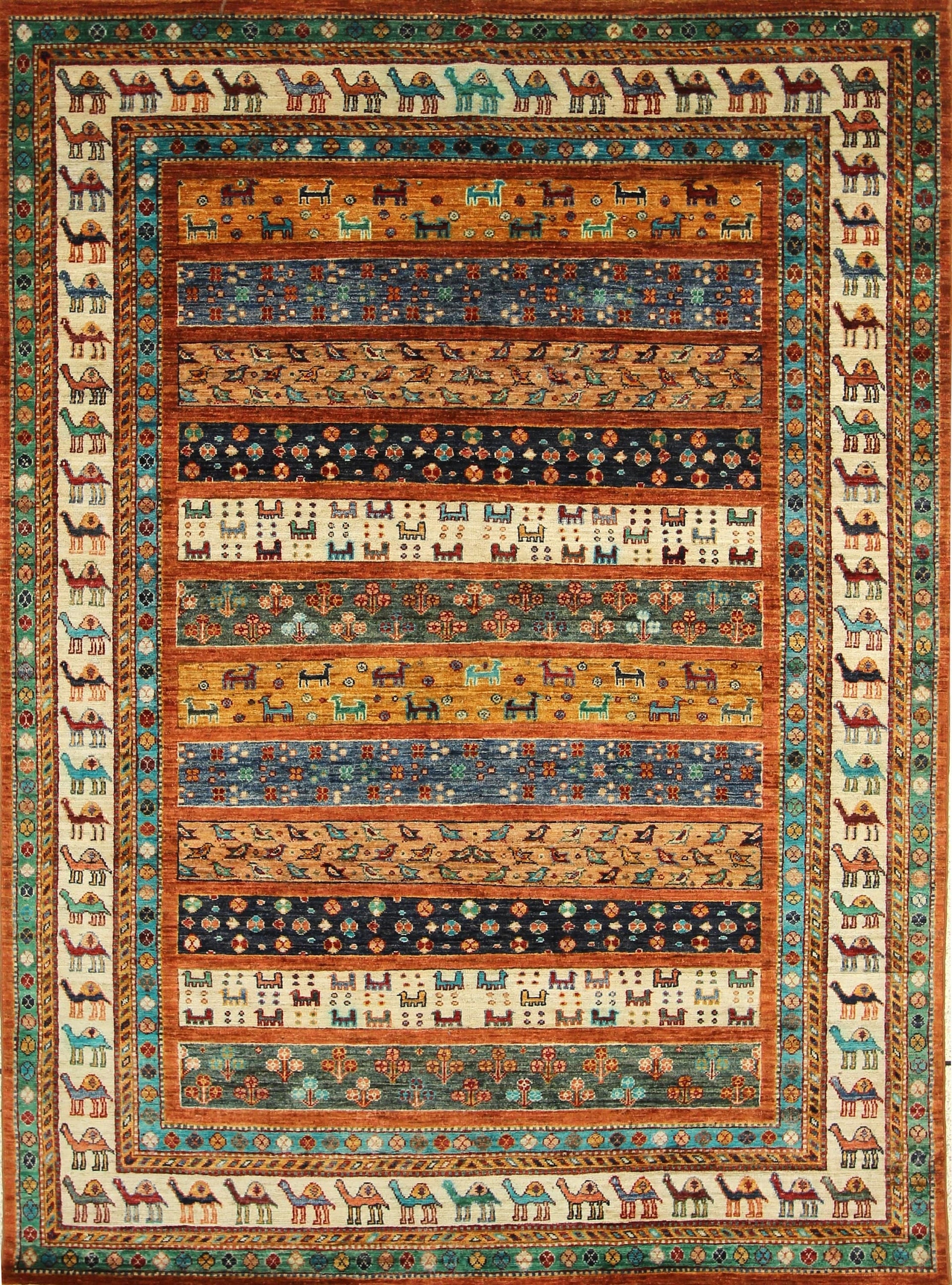 6x8 Gabbeh Beige Blue Nomadic Tribal Afghan Hand Knotted Rug - Yildiz Rugs