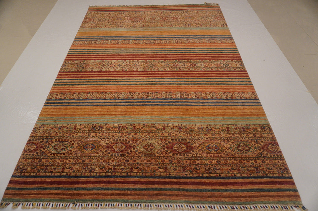 7x10 Stripe Brown Multicolor Afghan Hand knotted Rug - Yildiz Rugs