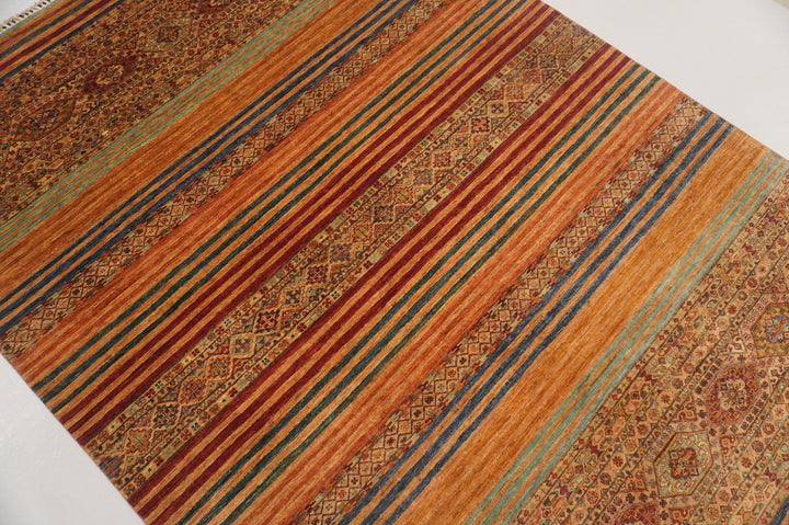 7x10 Stripe Brown Multicolor Afghan Hand knotted Rug - Yildiz Rugs