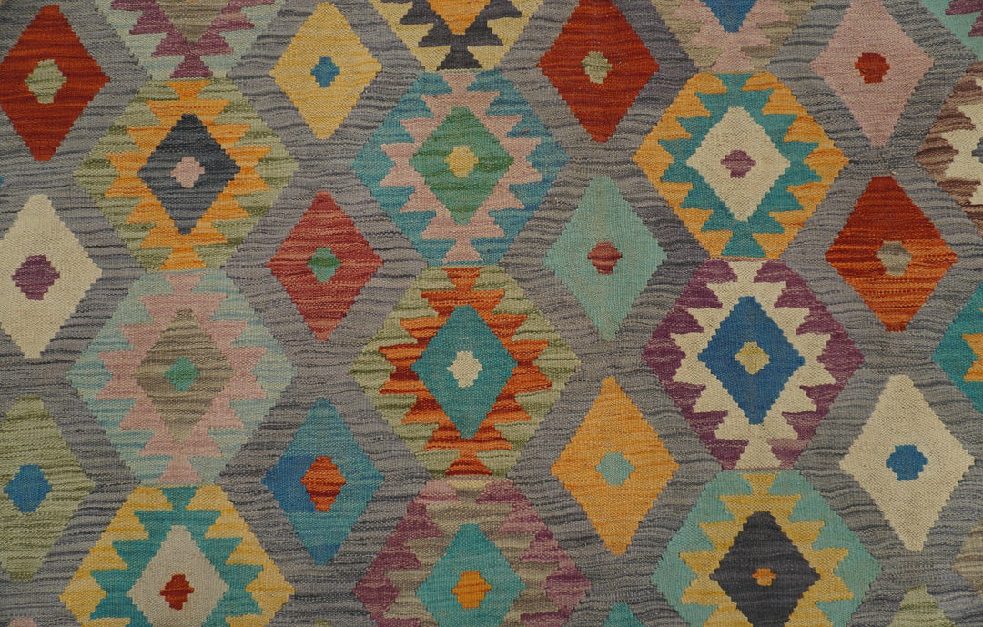 10x13 Afghan Kilim Gray Pastel Colors Handmade Geometric Wool rug - Yildiz Rugs