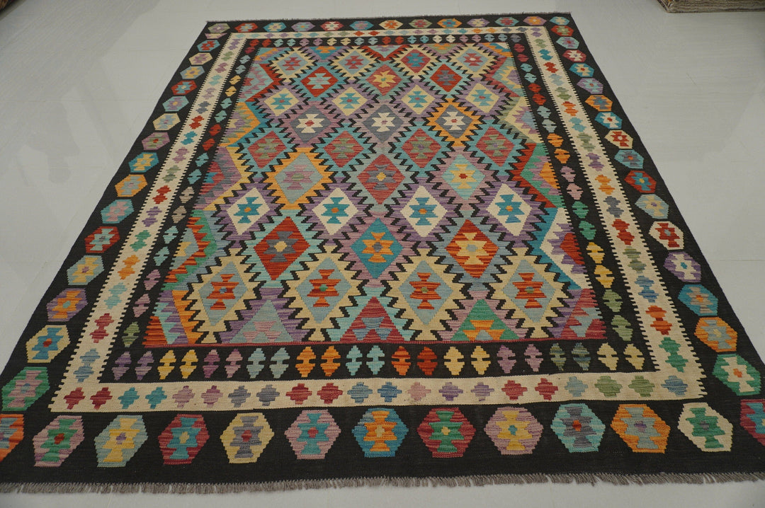 SOLD 8x10 Kilim Purple Black Afghan handmade Kilim Wool Rug - Yildiz Rugs