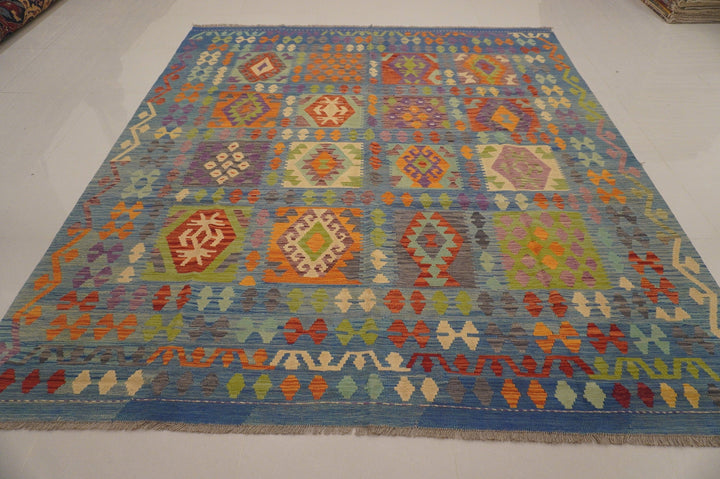 8x10 Afghan Kilim Blue Handmade Wool Rug - Yildiz Rugs