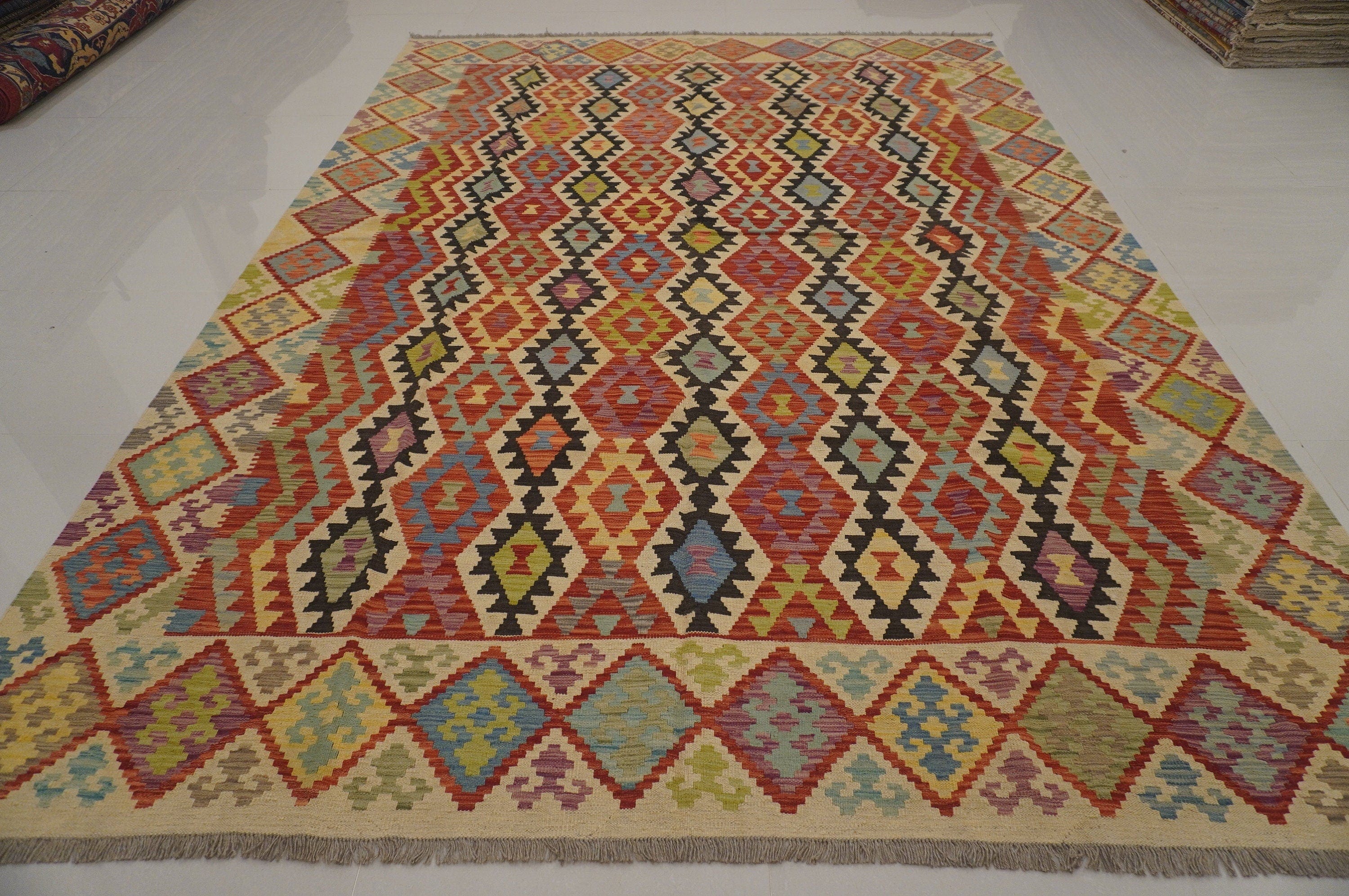 8'6x11'7 ft Afghan Kilim Rust Orange Beige Handmade Rug - Yildiz Rugs