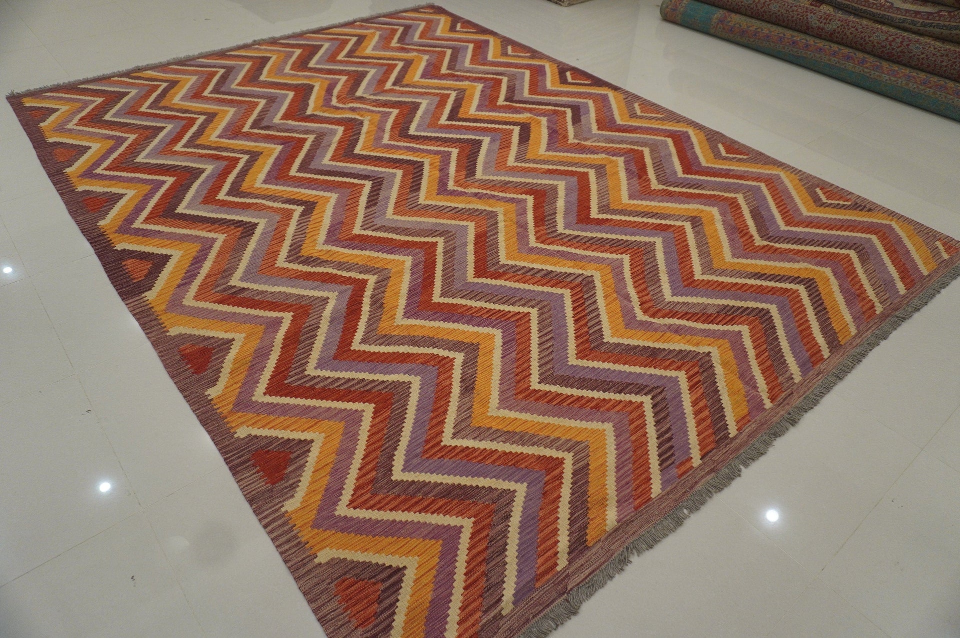 9x12 Abstract Purple Red Orange Afghan Hand Woven Modern kilim Rug - Yildiz Rugs