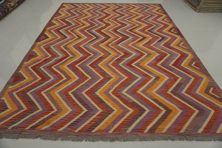 9x12 Abstract Purple Red Orange Afghan Hand Woven Modern kilim Rug - Yildiz Rugs