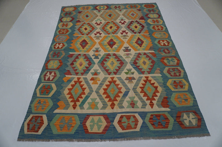 6x8 Afghan Kilim Beige Blue Handwoven rug - Yildiz Rugs