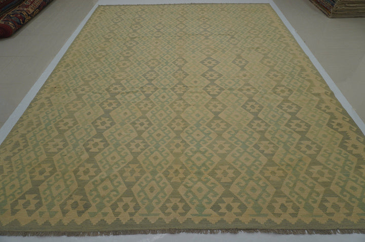 10x13 Afghan Kilim Muted Blue Beige Handmade Geometric Wool rug - Yildiz Rugs