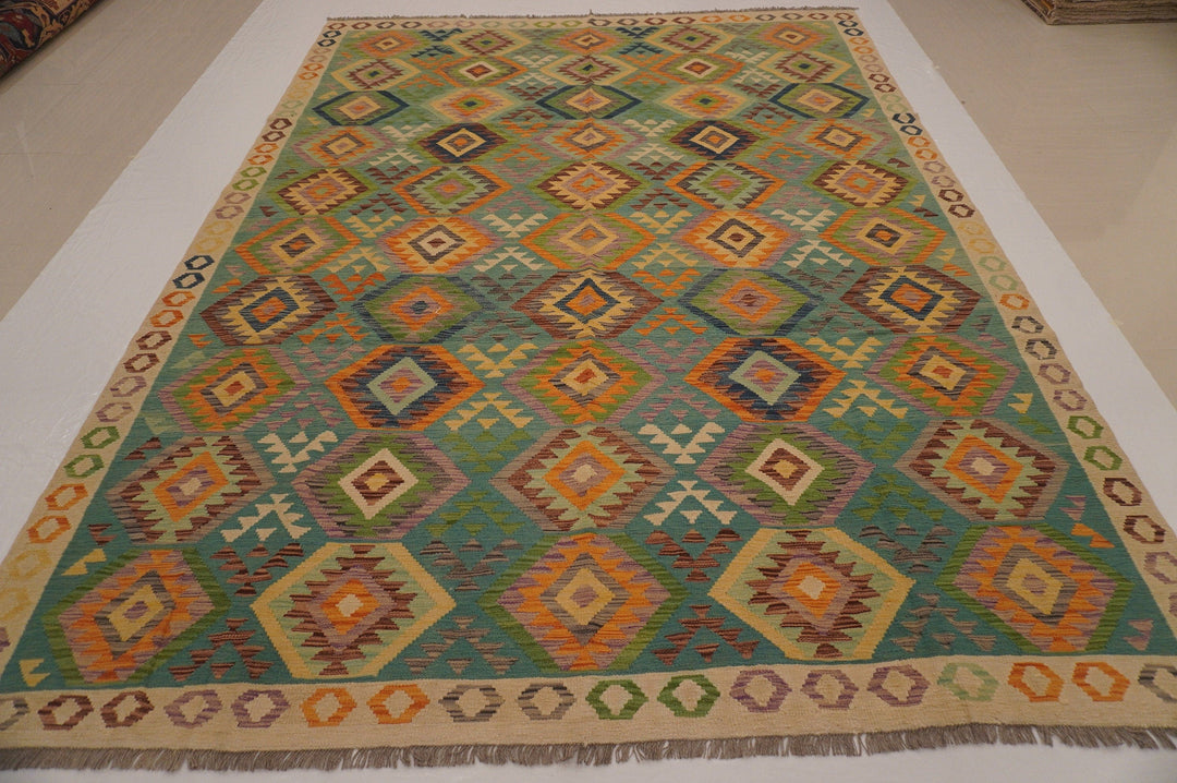 8'6x11'3 Afghan Kilim Blue Beige Handmade Wool Rug - Yildiz Rugs