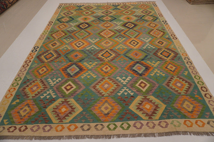 8'6x11'3 Afghan Kilim Blue Beige Handmade Wool Rug - Yildiz Rugs