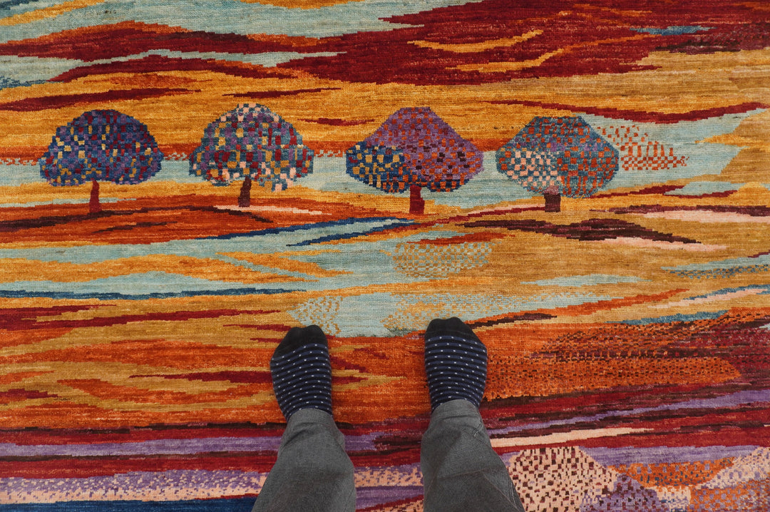 9x12 Gabbeh Hazy sunset landscape trees Hand knotted Area Rug - Yildiz Rugs