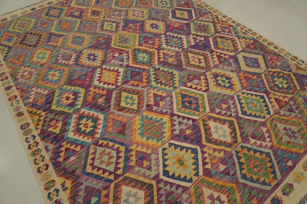 8'2 x 11'2 ft Afghan Kilim Pastel Purple Handmade Rug - Yildiz Rugs
