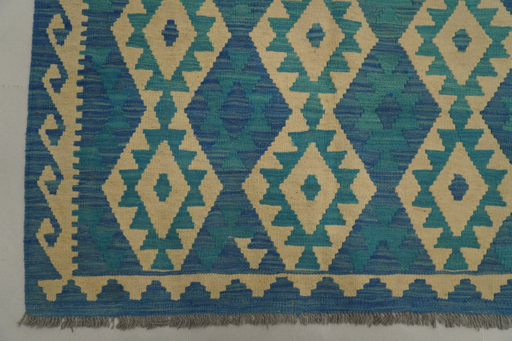 8'2 x 11'6 ft Afghan Kilim Turquoise Blue Handmade Rug - Yildiz Rugs