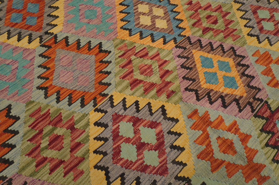 8'2x11'3 ft Afghan Kilim Black Multicolor Handmade Rug - Yildiz Rugs